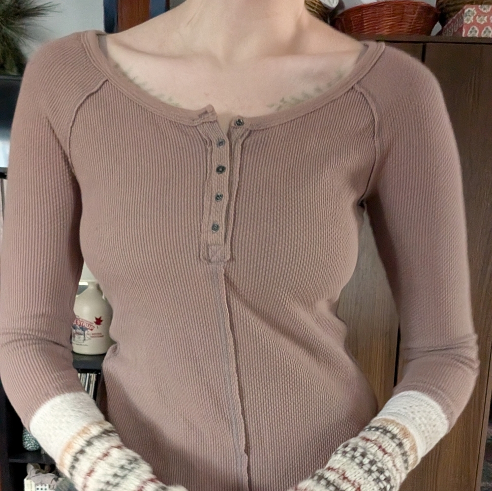 Free People Brown Long Sleeve Henley Top
